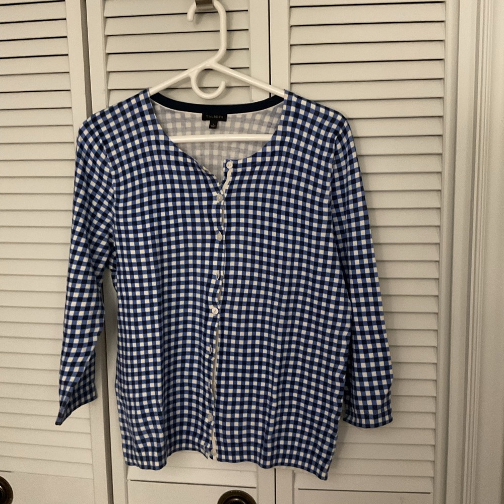 Talbots Blue and White Checkered cardigan with shell.